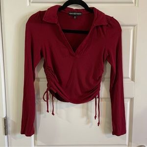 Almost Famous Red V-Neck Collared CropTop Long Sleeves Drawstring On Sides SizeM